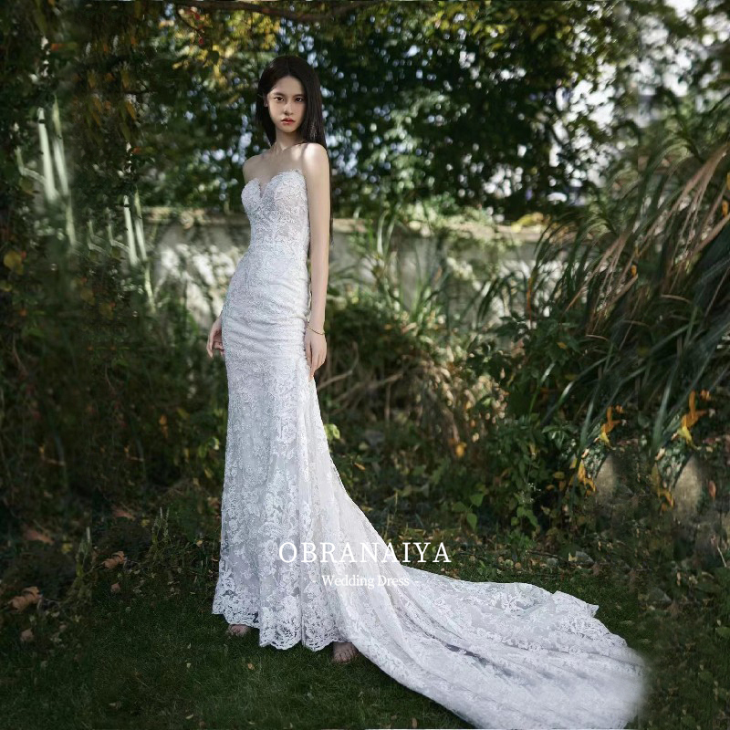 2026 New Style Bridal Vintage Lace Strapless Main Wedding Dress, Going-Out Dress, Reception Dress, Slimming Mermaid Long Train Studio Dress