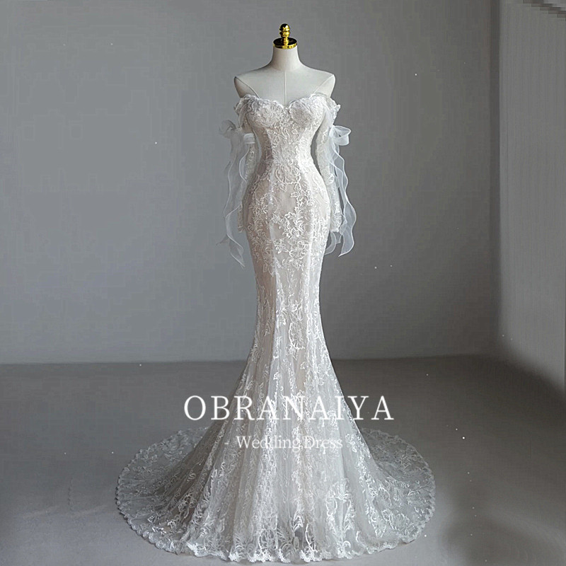 Lace long sleeve fish tail light wedding dresses out of the door yarn French style superfairy 2023 Winter new brides wedding wedding dresses-Taobao