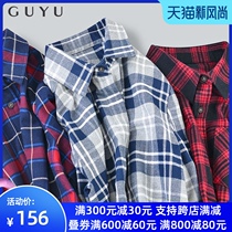 Cotton plaid shirt womens long-sleeved loose flannel base casual top wear red and black brushed shirt outside spring
