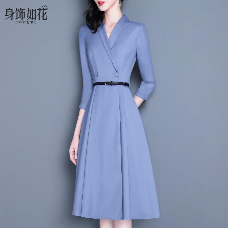 Suit Dress 2025 Spring and Autumn New Style Ladylike Dress Spring Elegant Slim Fit Three-Quarter Sleeve Blue Mid-Length A-Line Skirt