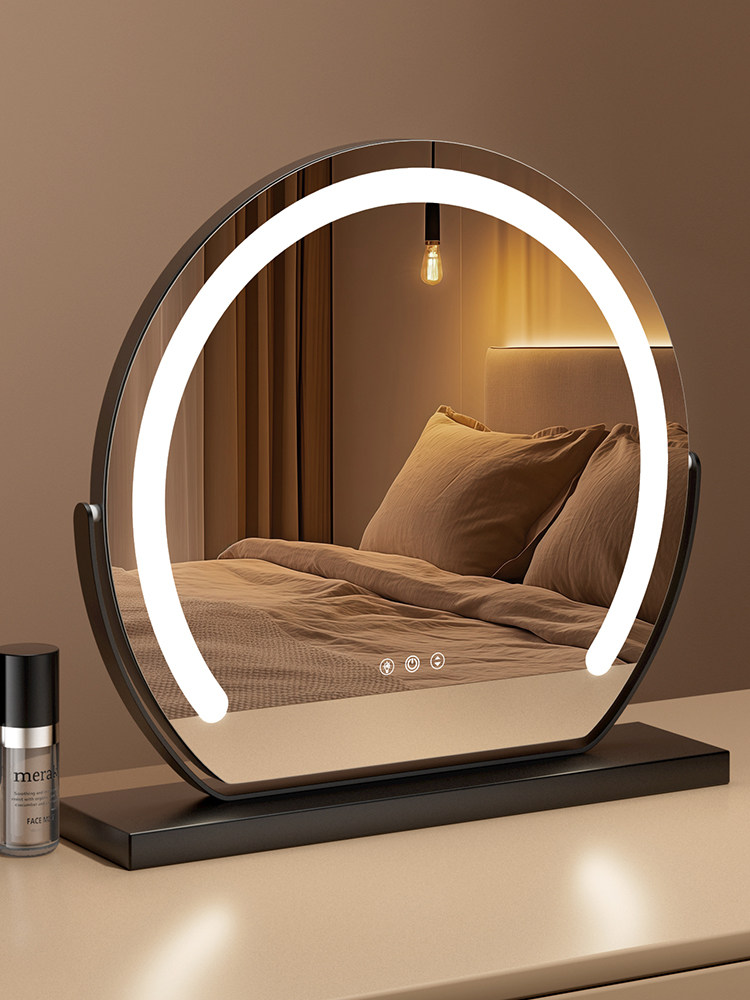 Led Lighted Round Mirror Makeup Mirror Desktop Household Dressing Table Smart High-Definition Fill Light Beauty Mirror Large Size
