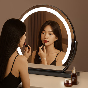 Led Lighted Round Mirror Makeup Mirror Desktop Household Dressing Table Smart High-Definition Fill Light Beauty Mirror Large Size