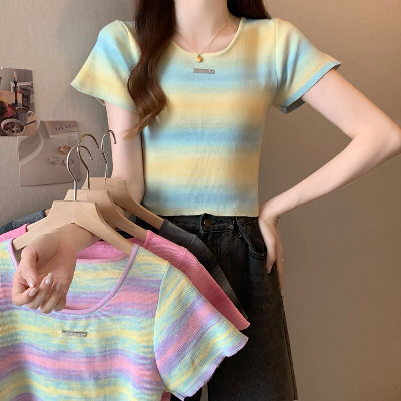 2026 New Summer Dopamine Rainbow Gradient Striped Knit T-Shirt for Women, Stylish and Youthful Short Top