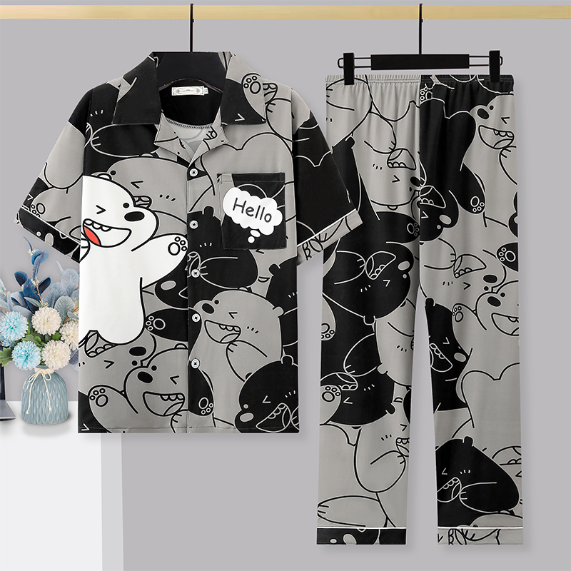Summer Pajamas for Men, Pure Cotton Short-Sleeved Trousers, Thin Casual Loose-Fitting Large Size Cartoon Student Cardigan Home Wear Set