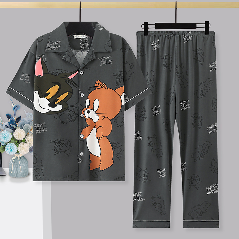 Summer New Style Pajamas for Men, Thin, Casual, Loose, Pure Cotton, Cartoon Student Short-Sleeved Long Pants, Cardigan, Home Wear Set
