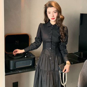 Shirt skirt spring women's 2023 new black Hepburn style high-end temperament French waist long-sleeved dress