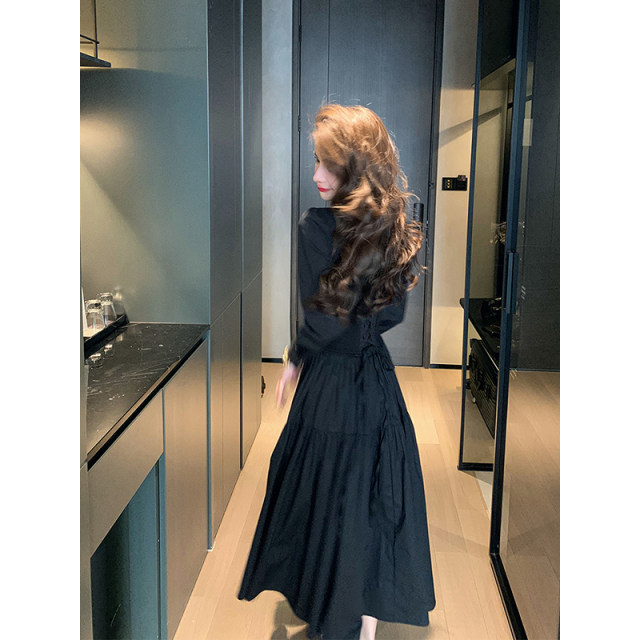 Shirt skirt spring women's 2023 new black Hepburn style high-end temperament French waist long-sleeved dress