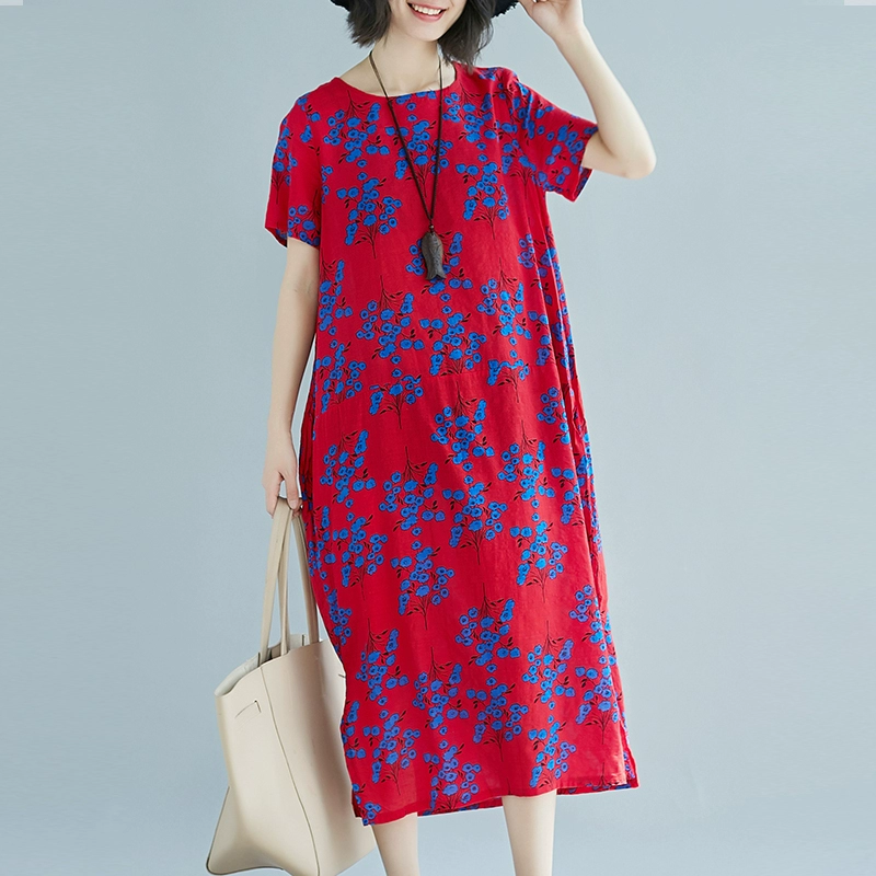 Mùa hè 20119 phong cách mới của phụ nữ dân tộc phong cách cổ điển nút đĩa in kích thước lớn váy dài rời vải cotton và váy ngắn tay - Váy dài