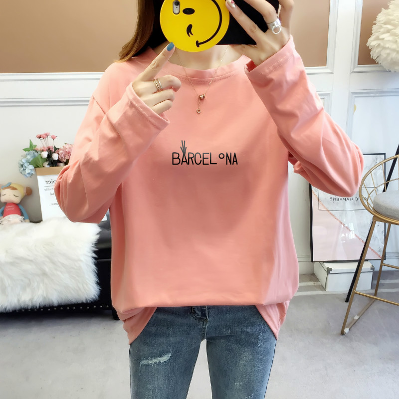 Harajuku wind large size long-sleeved women's Korean bf wind solid color loose T-shirt 2021 autumn girls round neck casual top t