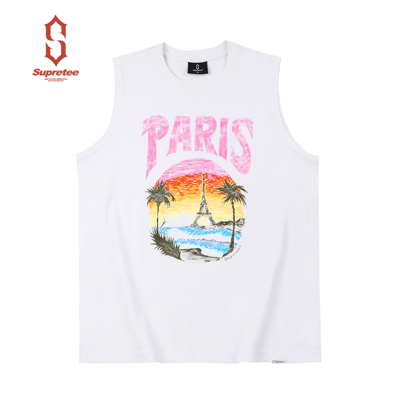 Summer American-Style Sunset Print Hand-Painted Beach Vacation Casual Pure Cotton Sleeveless T-Shirt Vest Trendy New Style
