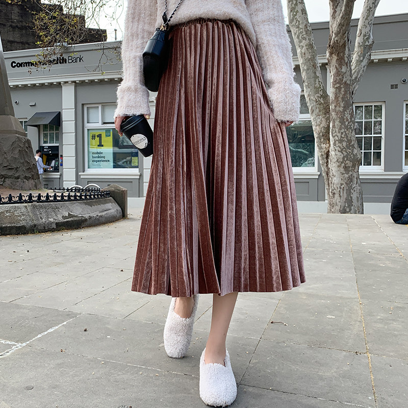 2022 new gold velvet skirt women's autumn and winter high waist mid-length version organ pleated skirt is thin a-line skirt