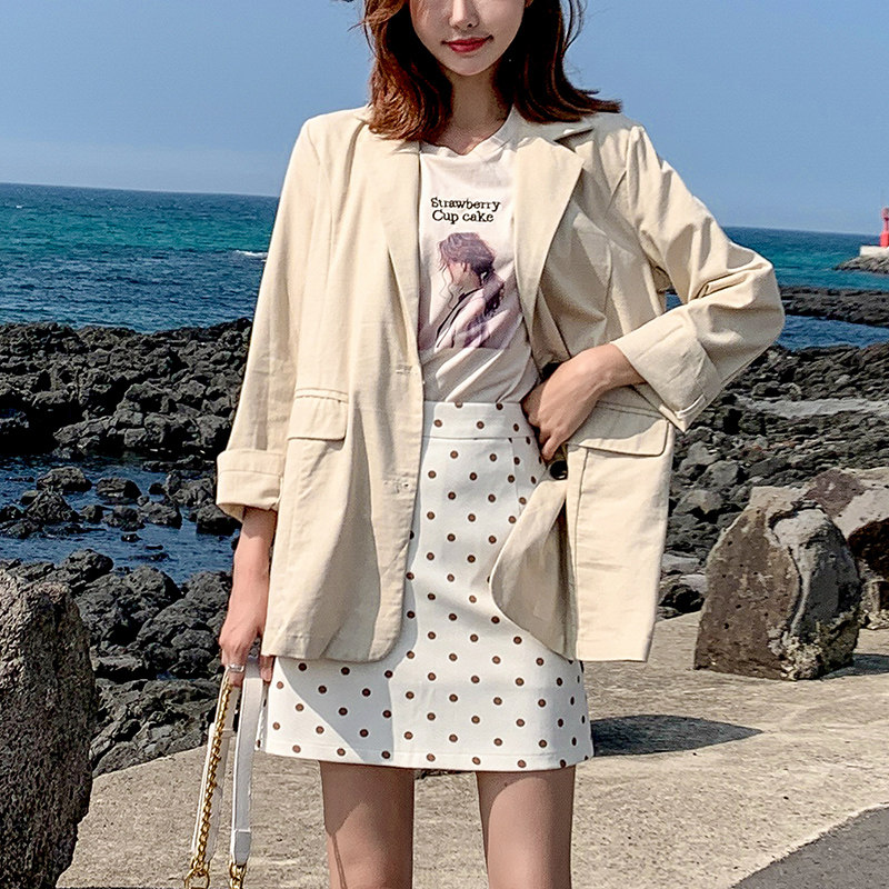 Wave Dot half body dress Women in summer 2022 new autumn clothes High waist display slim a character bag hip large size short dress
