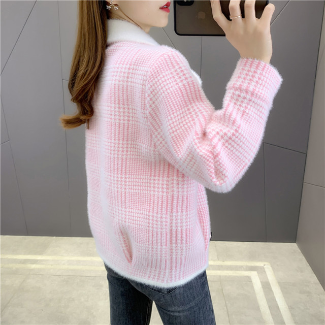 ພາກຮຽນ spring imitation mink sweater jacket ສໍາລັບແມ່ຍິງ 2024 ຮູບແບບຮ້ອນໃຫມ່ houndstooth knitted sweater cardigan ເທິງຂອງແມ່ຍິງ