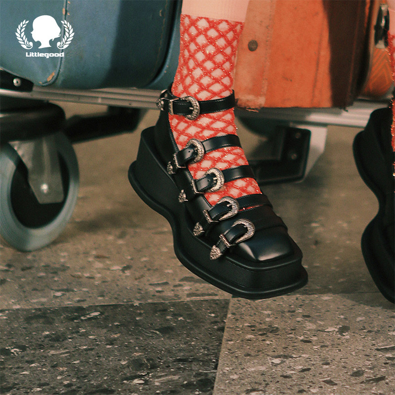 littlegood new product niche design retro small leather shoes women's thick-soled all-match hollow punk style single shoes