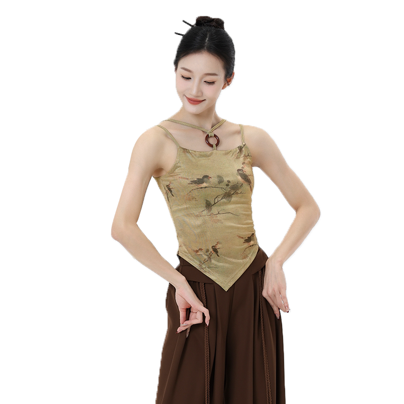 芙帛古典舞蹈服装新中式演出服圆环印花小吊带表演服中国风练功服