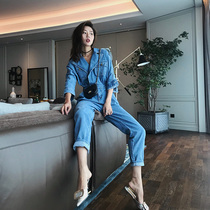 Denim jumpsuits womens autumn 2021 new Korean loose high waist thin straight tooling waist jumpsuit suit