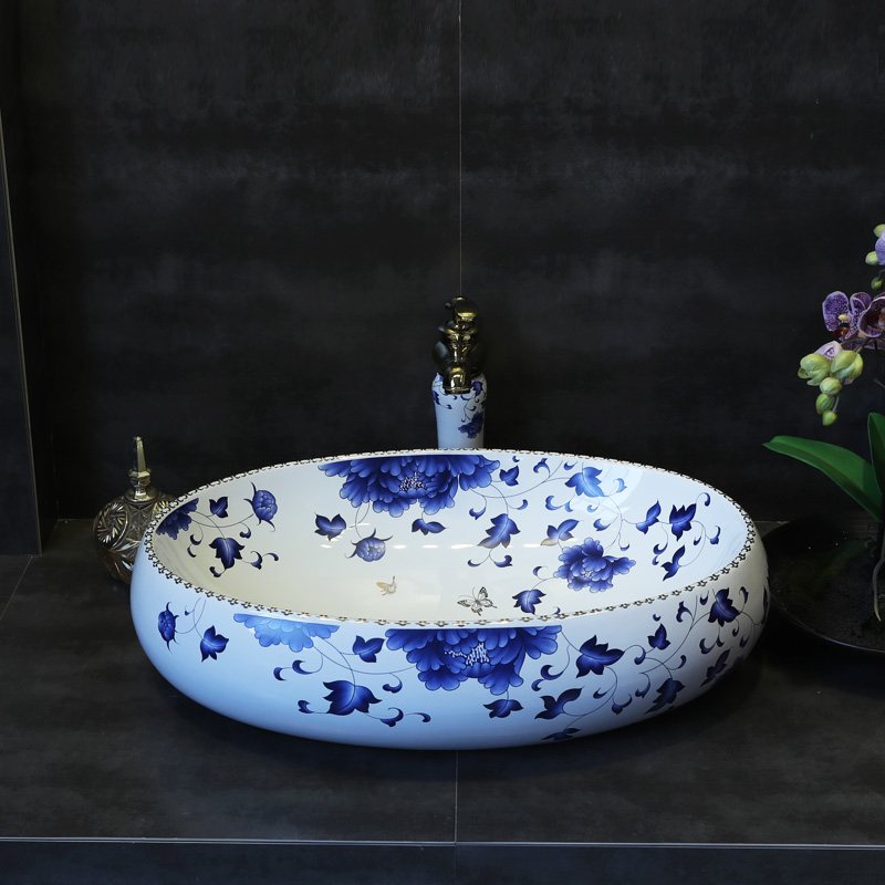 Gold cellnique bathroom sinks blue - and - white lavabo ceramic art basin of Chinese style antique small round sink