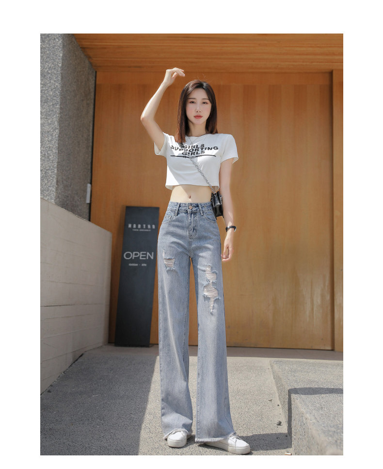 破洞牛仔裤女高腰显瘦2021年夏季新款宽松直筒垂感复古阔腿裤薄款详情11
