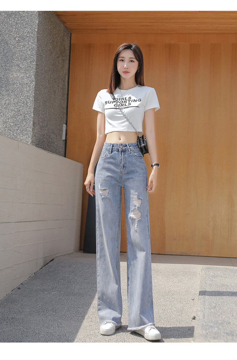 破洞牛仔裤女高腰显瘦2021年夏季新款宽松直筒垂感复古阔腿裤薄款详情14