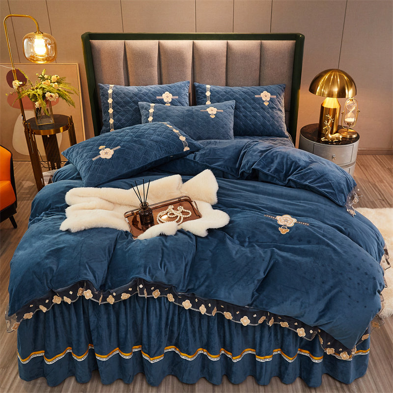 Quilted thick bed skirt four-piece baby fleece milk fleece crystal gold velvet coral flannel bed single bed cover