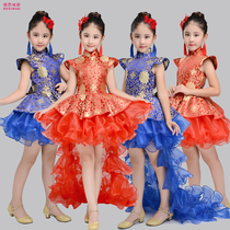 Childrens guzheng performance costume girl princess dress girl dance Primary School red Chinese style performance costume summer