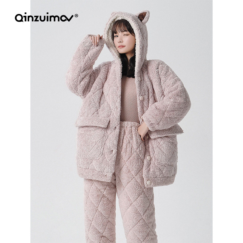 Pajamas Women's Winter Coral Suede Student Dorm Room Thickened Triple Clip Cotton Cute Flannel Sumpsuit Suits outside Home Suits Suit