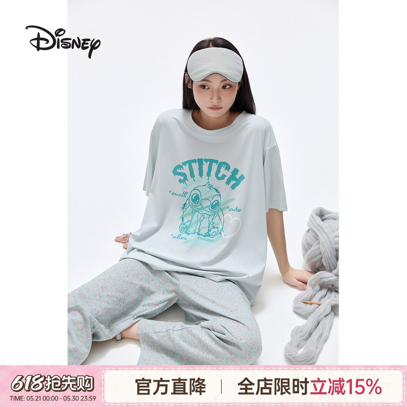 Disney Stitch Modal Cotton Short Sleeve Long Pants Casual Pullover Pajamas Homewear Set for Women in Summer Disney Stitch Modal Cotton Short Sleeve Long Pants Casual Pullover Pajamas Homewear Set for Women in Summer