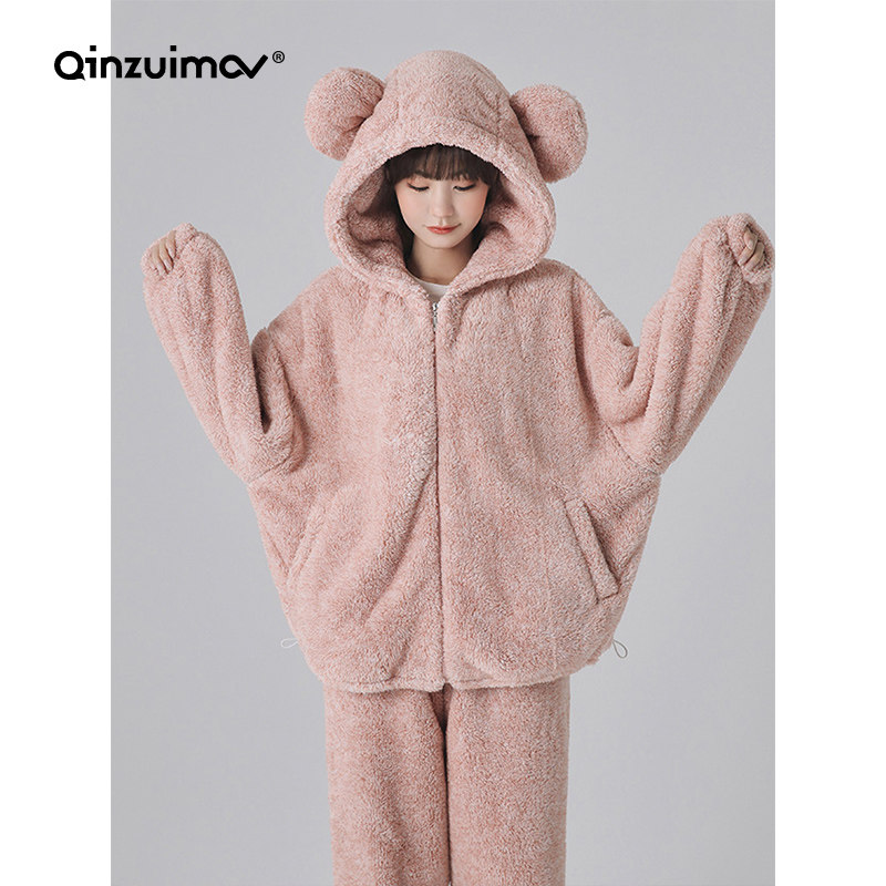 Kissing cat winter coral fleece pajamas women's autumn and winter cartoon cute flannel thickened warm home clothes suit