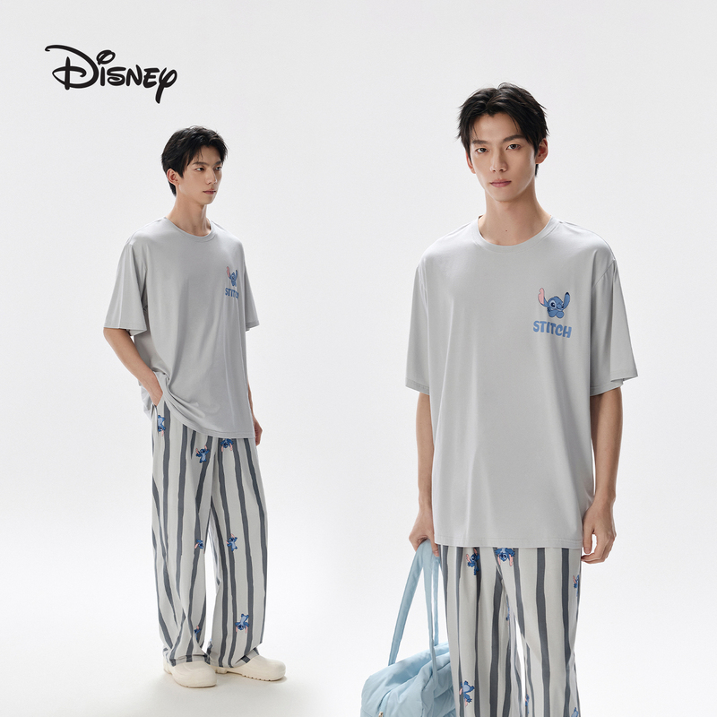 Disney Stitch Modal Cotton Casual Wearable Striped Long Pants Short Sleeve Homewear Pajama Set for Men Summer Disney Stitch Modal Cotton Casual Wearable Striped Long Pants Short Sleeve Homewear Pajama Set for Men Summer