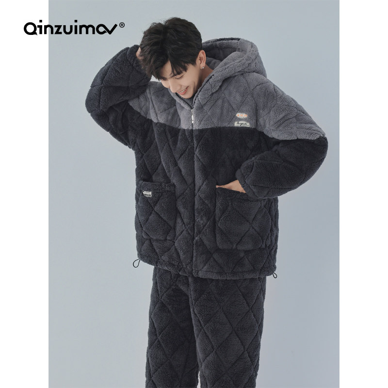 Kissing cat winter cotton pajamas male three-layer thickened plush set coral fleece teen loungewear can be worn outside