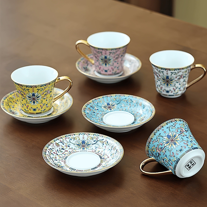 Enamel Ceramic Coffee Cup and Saucer, Chinese Style Palace-Style Bone China Milk Drinking Cup, High-End Exquisite Kung Fu Tea Set Enamel Ceramic Coffee Cup and Saucer, Chinese Style Palace-Style Bone China Milk Drinking Cup, High-End Exquisite Kung Fu Tea Set