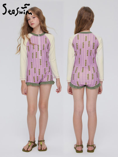 2026 New Style Girls' Swimsuit, One-Piece Long-Sleeved Conservative Swimsuit for Older Children, with Chest Pads for Junior High School Students