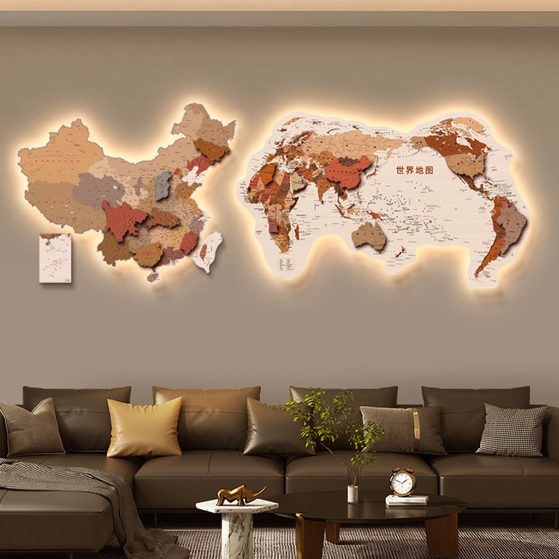 Double-Sided China and World Map Luminous Splicing Wall Art Living Room Decorative Painting Led Illuminated Three-Dimensional Office Wall Art
