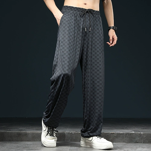 Шелковые шахматы, спортивные летние ультратонкие штаны, свободный прямой крой, большой размер