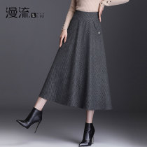 Long woolen skirt womens autumn and winter birds look thin A- line dress 2020 new high waist thick swing skirt