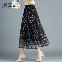 2022 new Korean version slim fit net yarn fairy dress tightness waist snow spinning polo dot plexo skirt with long and half body dress