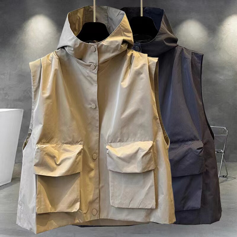 Couple Style Solid Color Hooded Vest for Men, Spring Korean Style Trendy Workwear Pocket Outerwear Vest, Trendy Brand Loose Fit