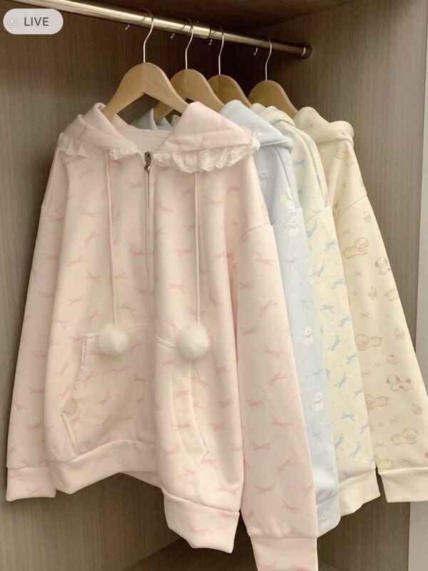 Japanese-Style Fresh Print Soft Girl Jk Style Cardigan Hooded Sweatshirt Jacket for Women, College Style, Fleece-Lined and Thickened for Autumn and Winter