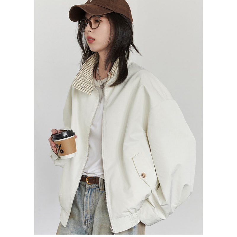 Autumn New Reversible Stand-Up Collar Plaid Work Jacket with Contrasting Buttons and Ancora Coat