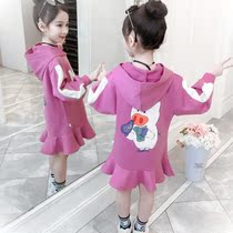 Female big child long sleeve sweater skirt 2021 new children spring dress Net Red foreign air Joker long cartoon dress