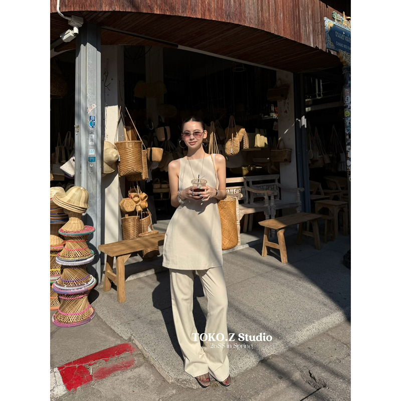 Toko.Z Summer Korean Style Fashion Plain Round Neck Backless Tank Top + Loose Wide-Leg Casual Pants Set