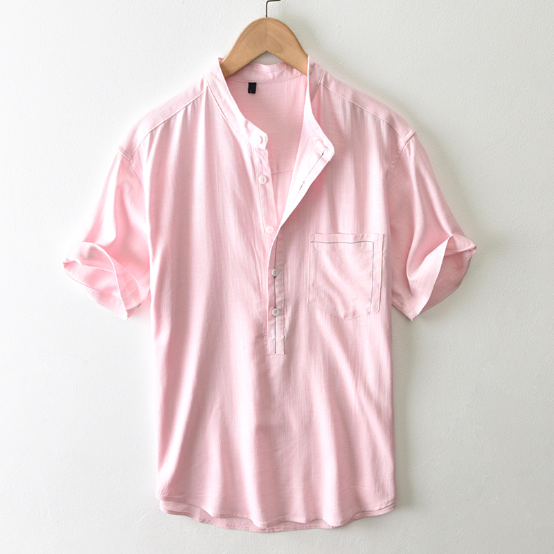 Pink Cotton and Linen Short-Sleeved Shirt for Men, Chinese Style Stand-Up Collar, Summer Breathable Loose Casual Shirt T-Shirt Linen