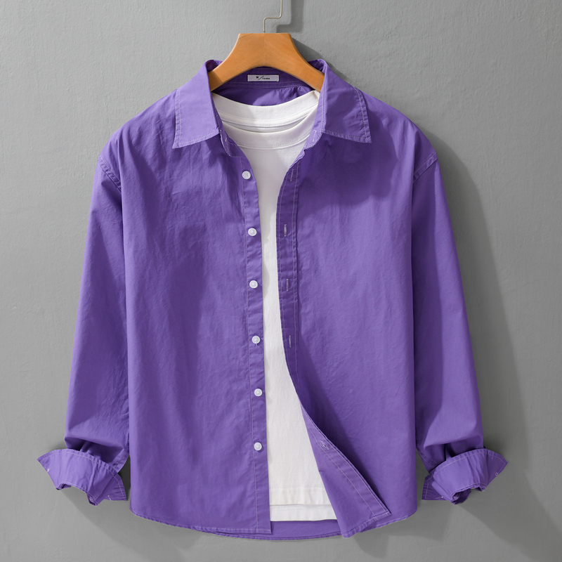 Elegant Purple Gentle Boyfriend-Style Shirt, Pure Cotton, Solid Color, Loose Fit, Long Sleeves, Very Popular This Year, Men's Shirt Without Pockets