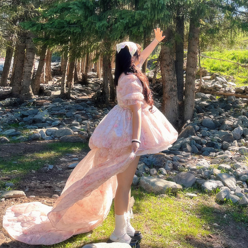 Plus Size Selkie Floral Trailing Princess Dress Sweet Puffy Gown Puff Dress 100kg Birthday Travel Photoshoot