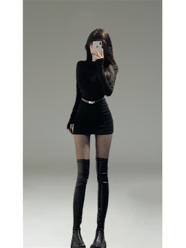 Black Half-High Collar Long-Sleeve Dress for Women, Suitable for Autumn and Winter, Can Be Worn as an Inner Layer or Paired with a Coat, Sexy, Slim-Fitting, Bodycon Mini Dress