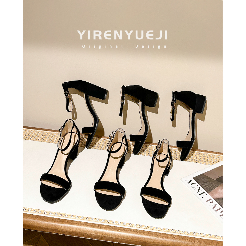 Black French-Style Elegant Single-Strap High-Heeled Shoes, Genuine Leather Open-Toe Chunky Heel Sandals for Women, 2026 New Summer Model