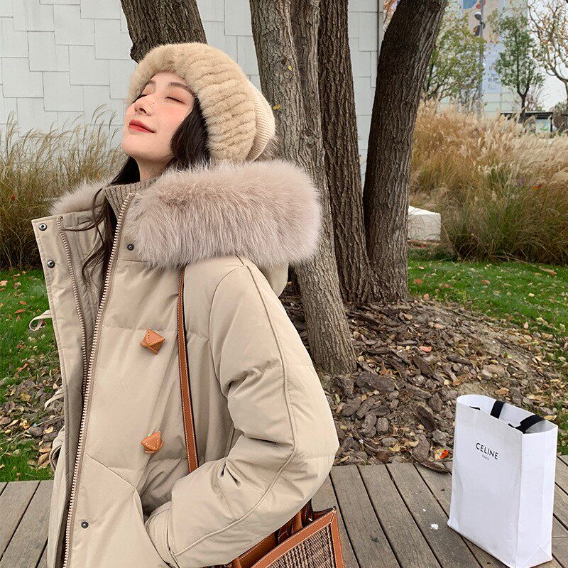 MAJEWUYU down jacket women's winter mid-length version 2022 new popular popular over-the-knee thickened big fur collar coat