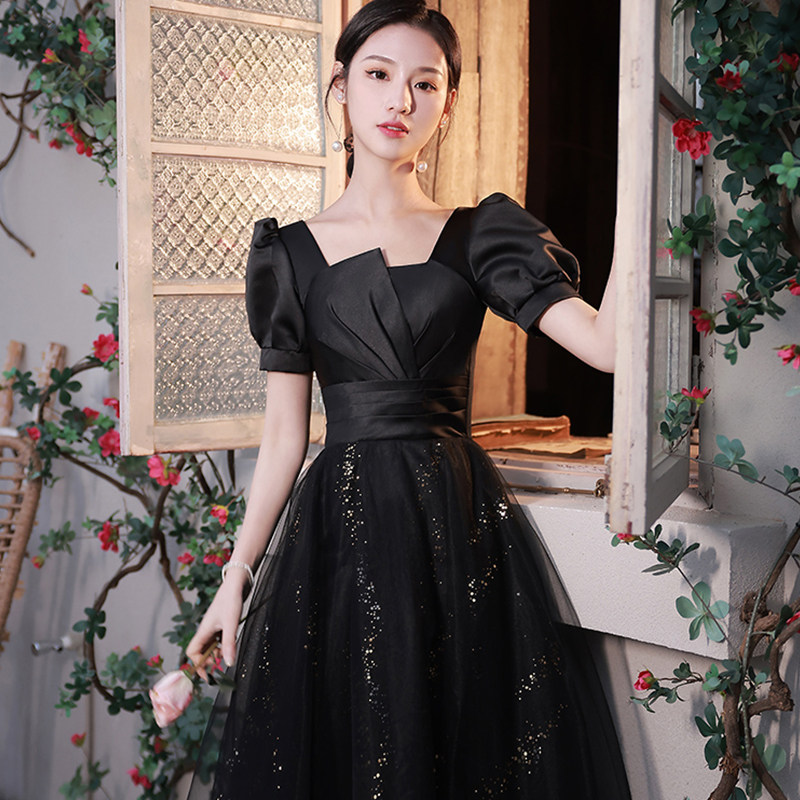 MAJEWUYU French high-end black evening dress female niche design banquet annual meeting birthday temperament dress