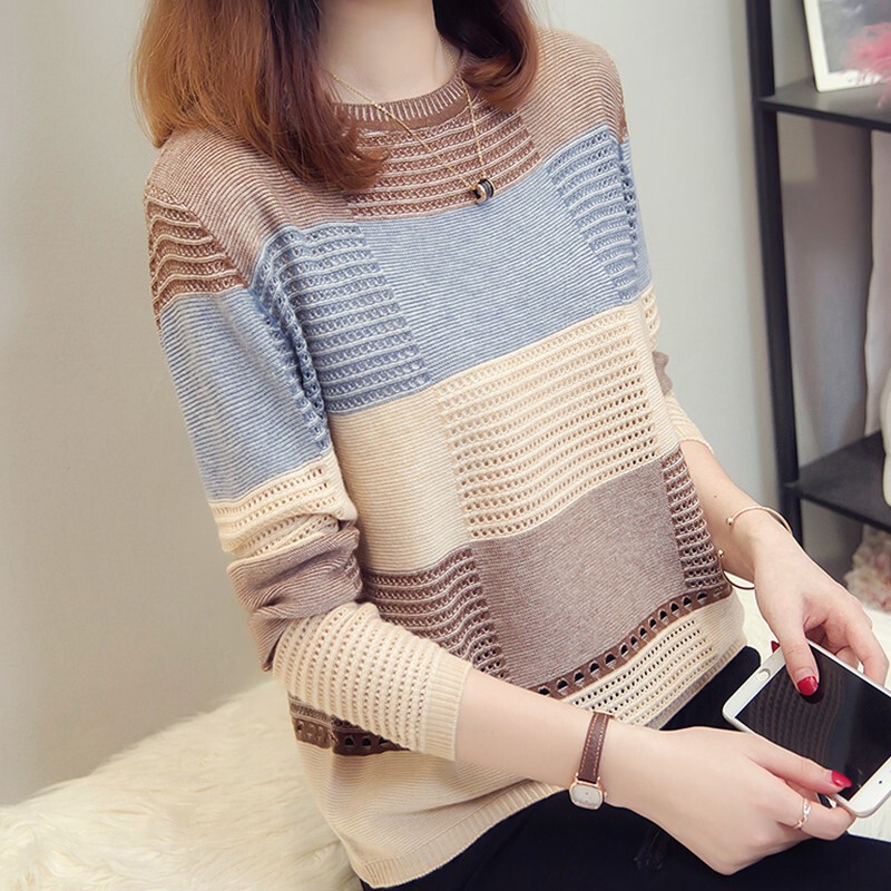 Hollow-Out Knit Sweater for Women, Spring 2026 New Korean Style, Loose Fit, Striped Sweater, Long-Sleeve Color-Blocked Thin Top