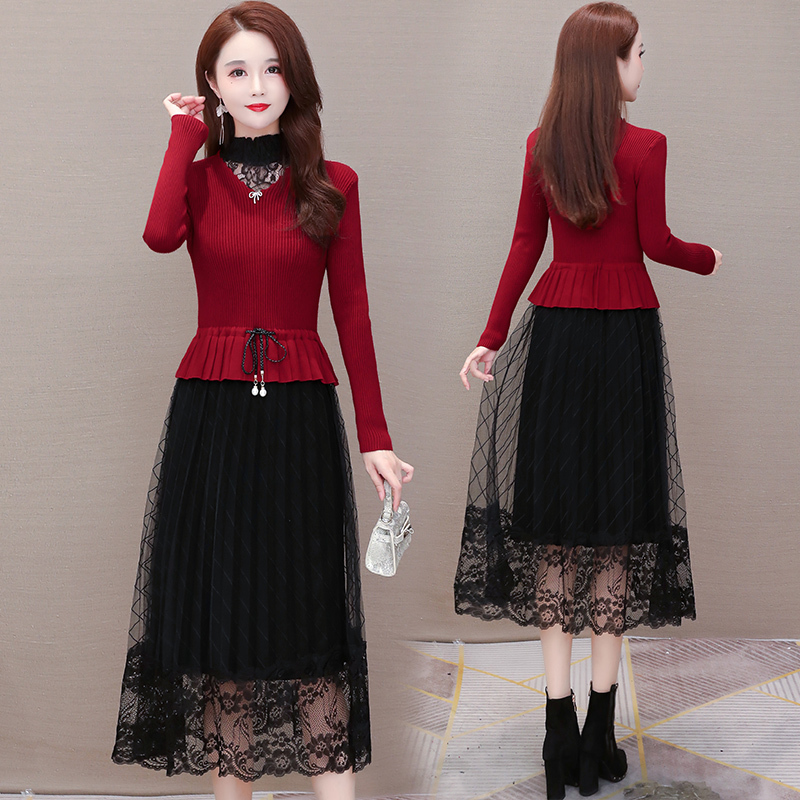 Knitted Dress with Coat for Women, 2026 Autumn and Winter New Style, Elegant and Slimming Lace Long-Sleeve Autumn and Winter Dress